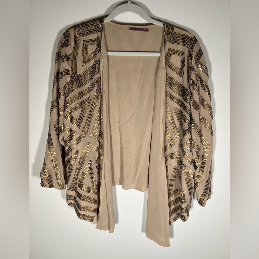 Calypso St. Barth beige gold sequin embroidered chevron silk open cardigan sz L